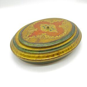 Vintage Italian Florentine Oval Wooden Jewelry Trinket Box Ornate Gold & Red